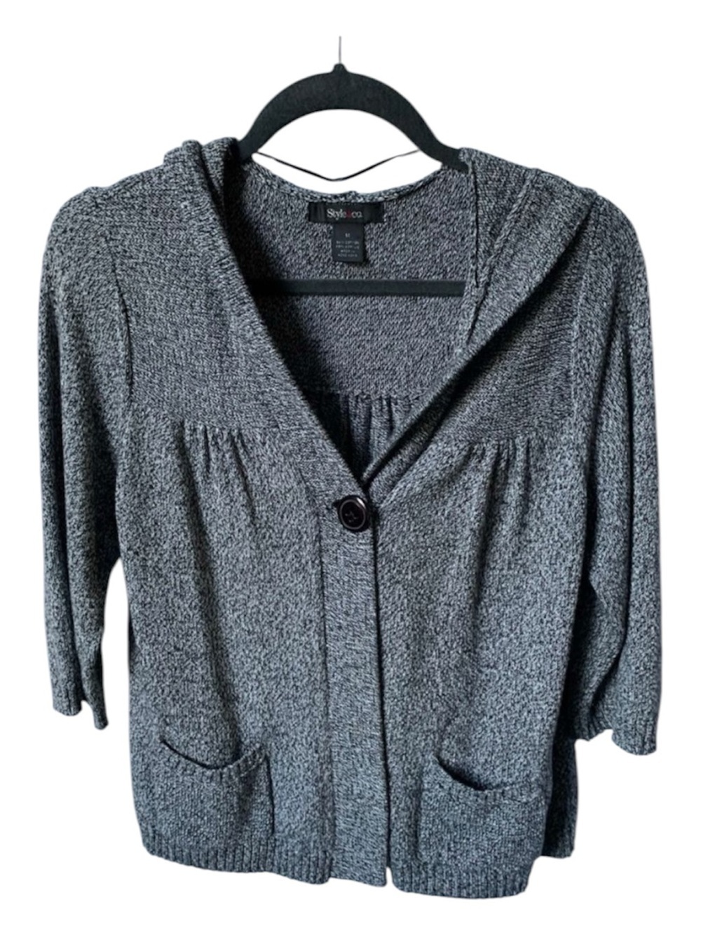 Style & Co Black White Marled Hooded Cardigan Sweater Medium